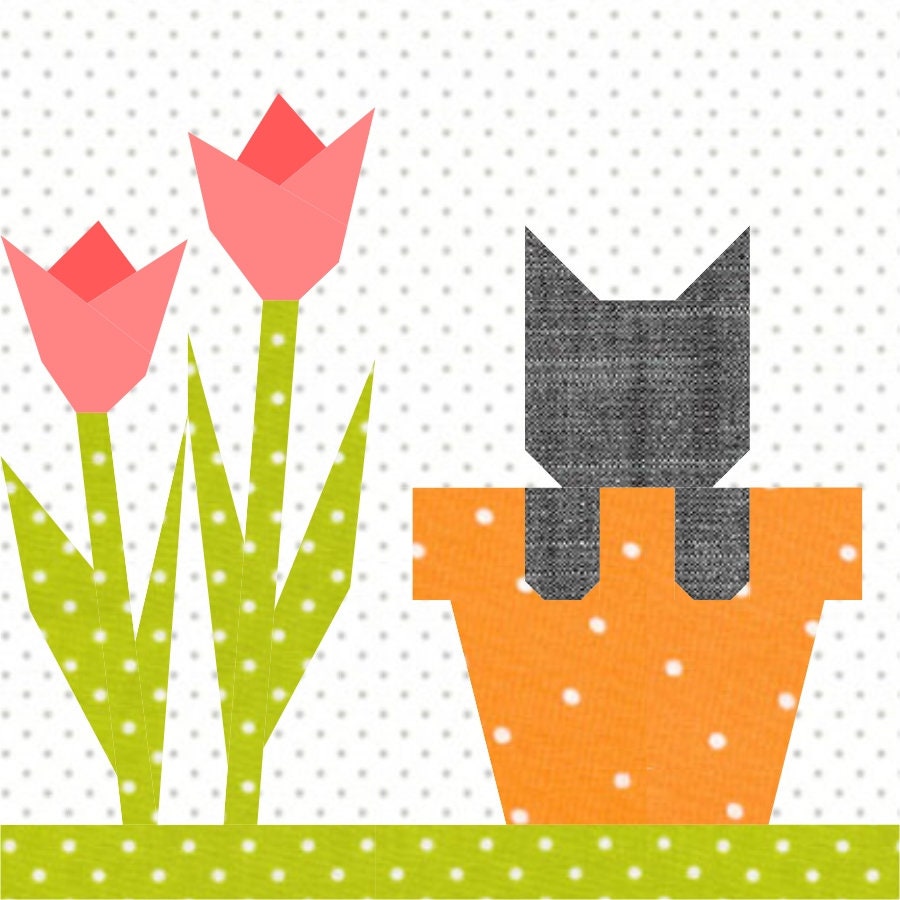 Spring Kitty Foundation Paper Piecing Quilt Block PDF Pattern - Instant Download
